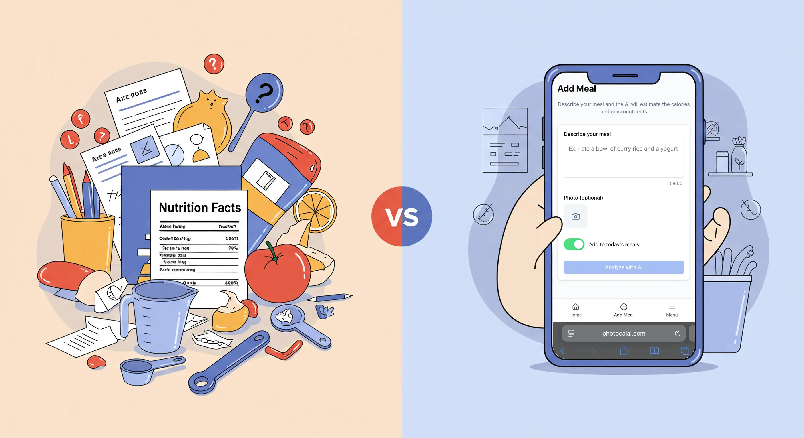 Comparison: chaotic manual calorie counting vs. streamlined AI tracking with PhotoCal AI
