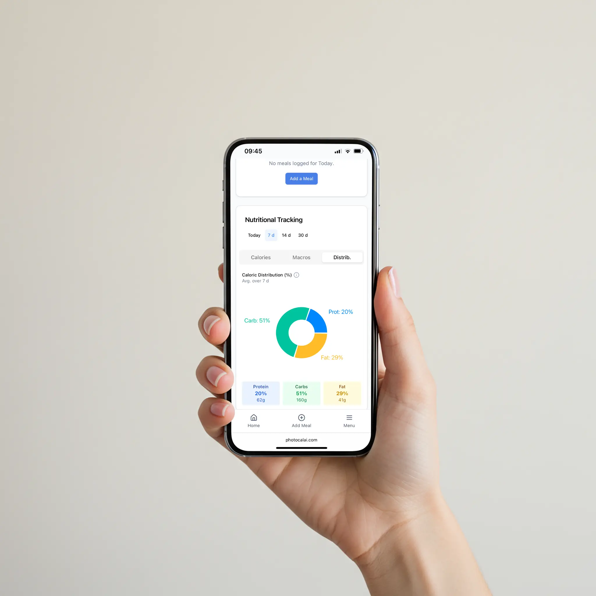 PhotoCal AI app interface showing calorie count from a food photo