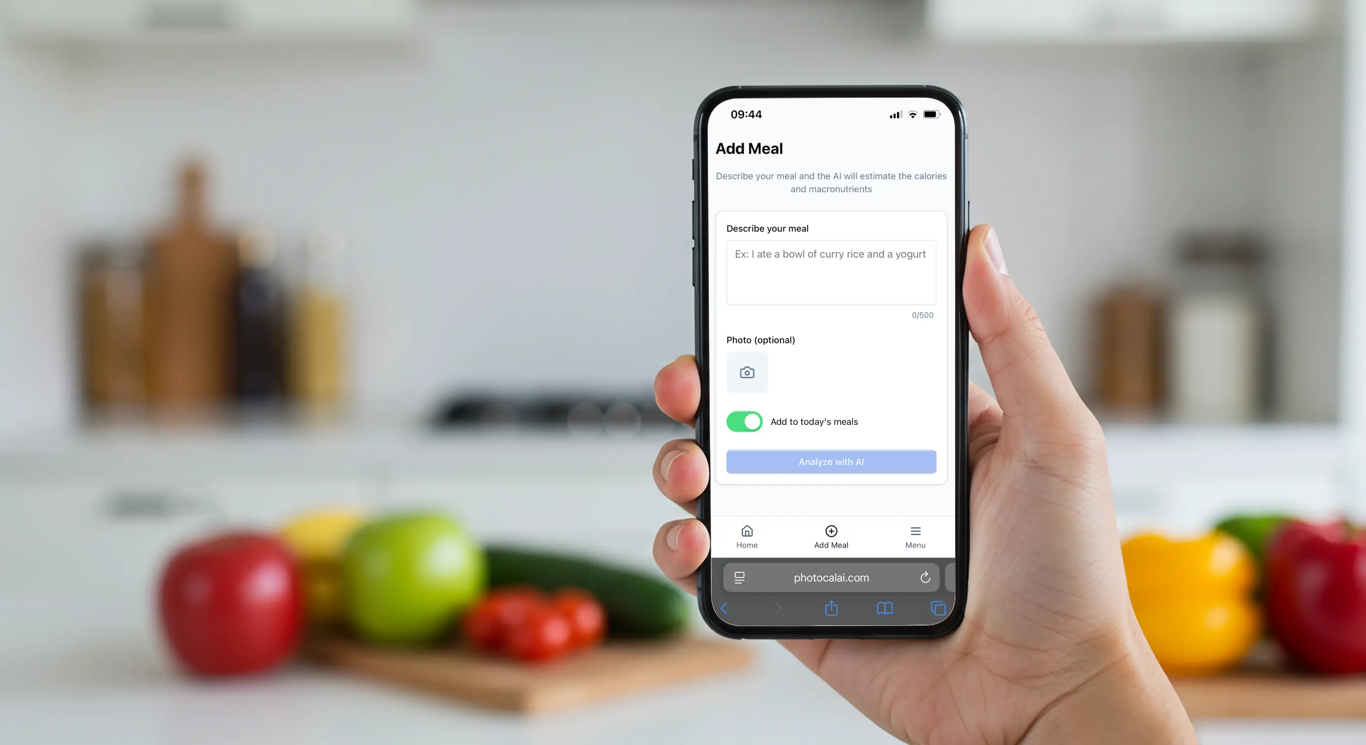 Smartphone showing PhotoCal AI app analyzing a meal