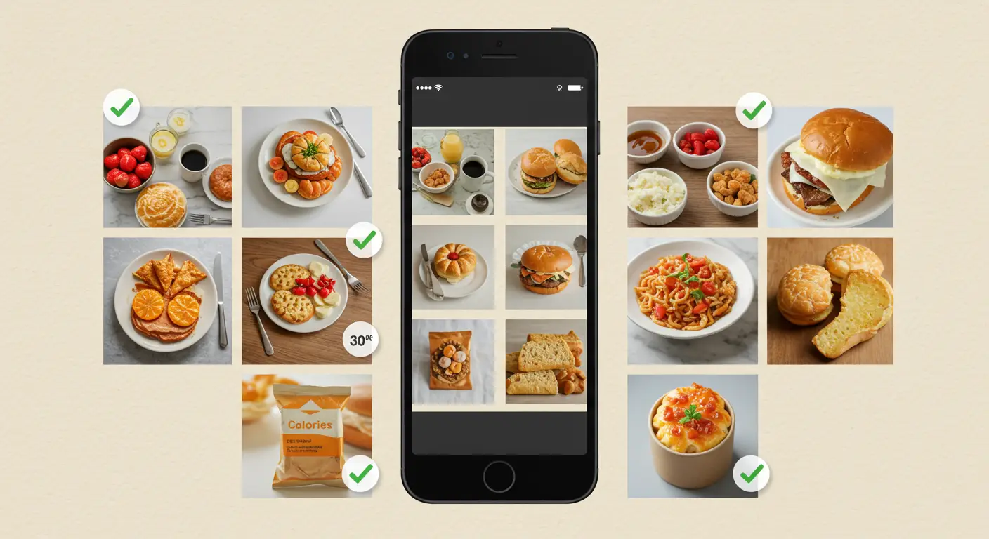 PhotoCal AI interface showing successful photo scans of various meals