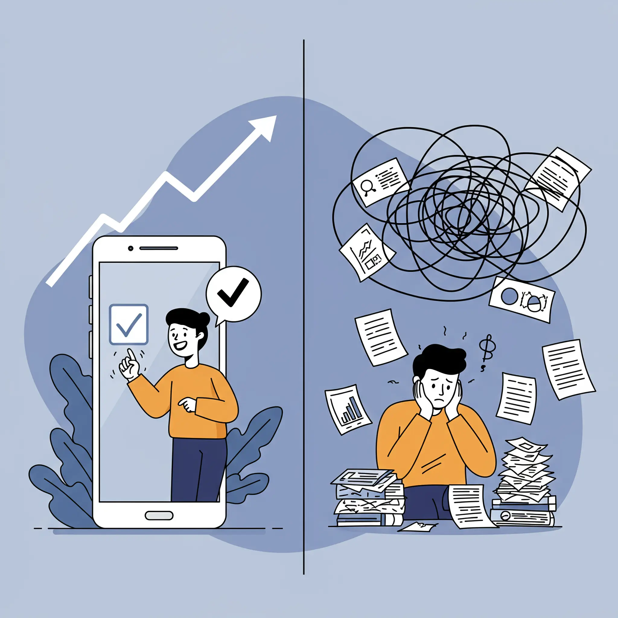 Visual comparison: ease and progress with PhotoCal AI vs. stress of manual logging