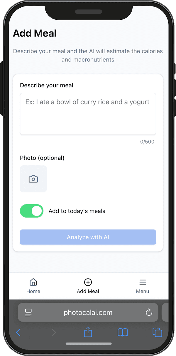 PhotoCal AI app input screen demonstrating easy meal logging